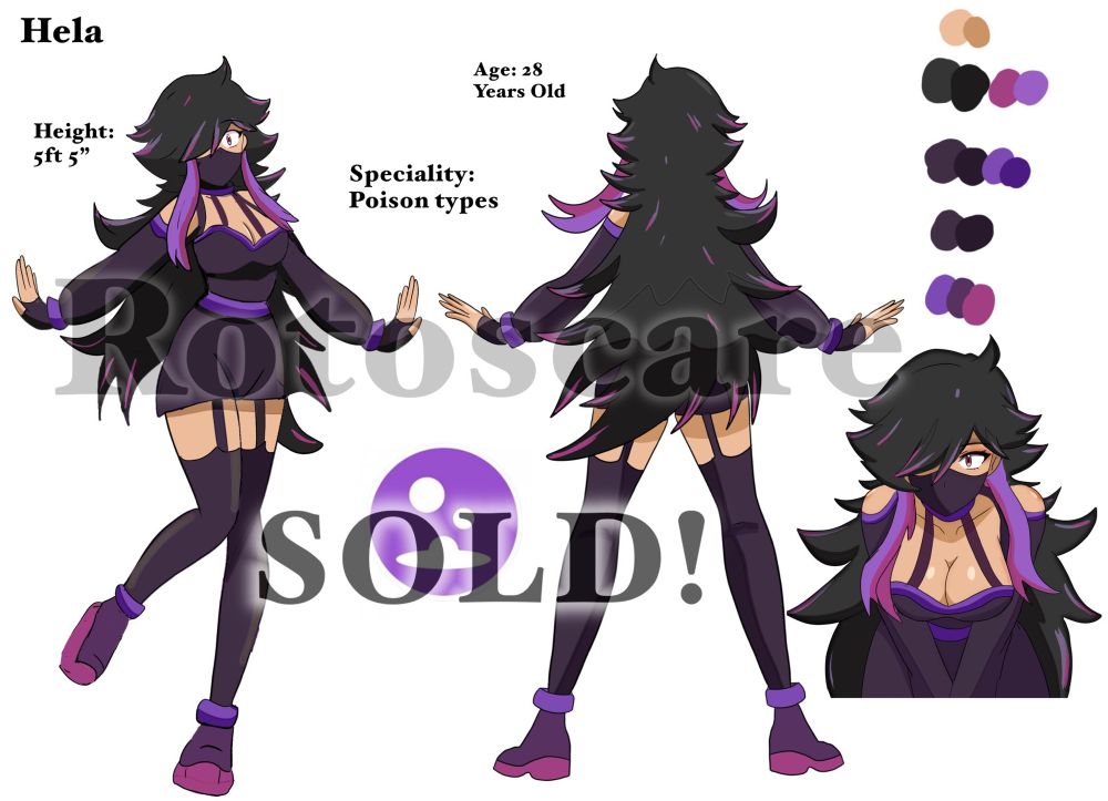 Full body Hela front and back hight 5ft 5” specialty poison type pokemon age 28: years old 