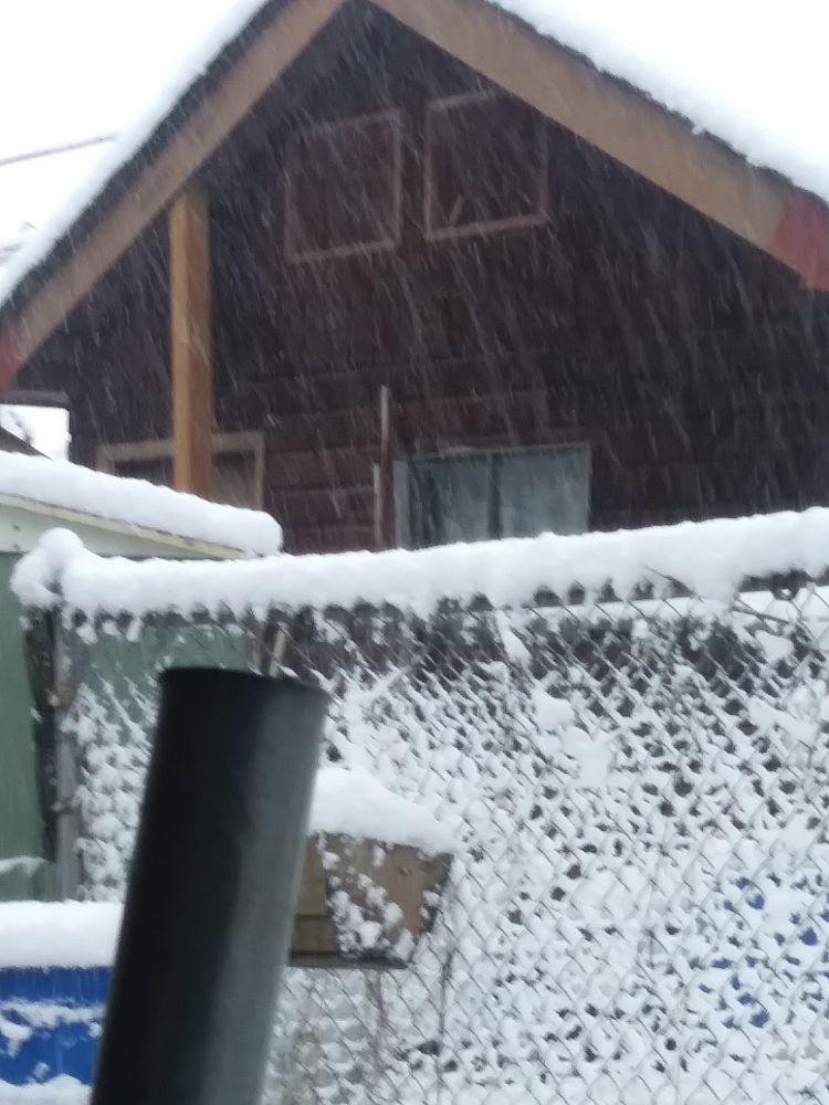 photo of a snow covered fence, with a brown garage in the back ground and snow heavily falling