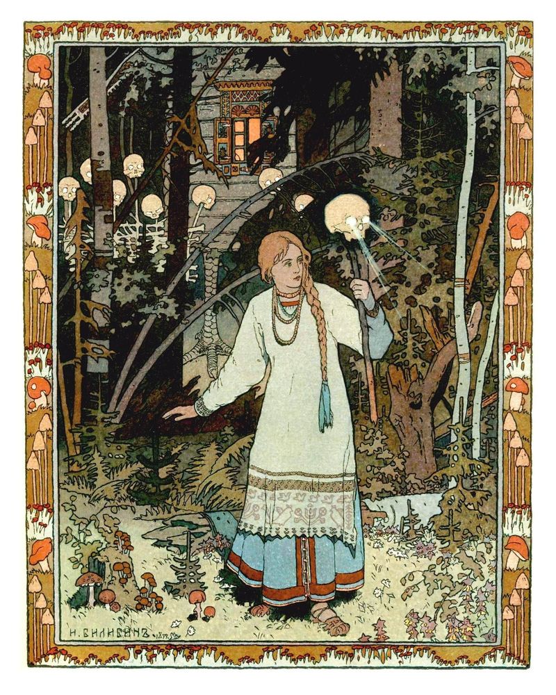 Vasilisa the Beautiful by Ivan Bilibin: this is a drawing of Vasilisa holding a skull with eyes like lanterns. She's near Baba Yaga's skull-decorated house. 
