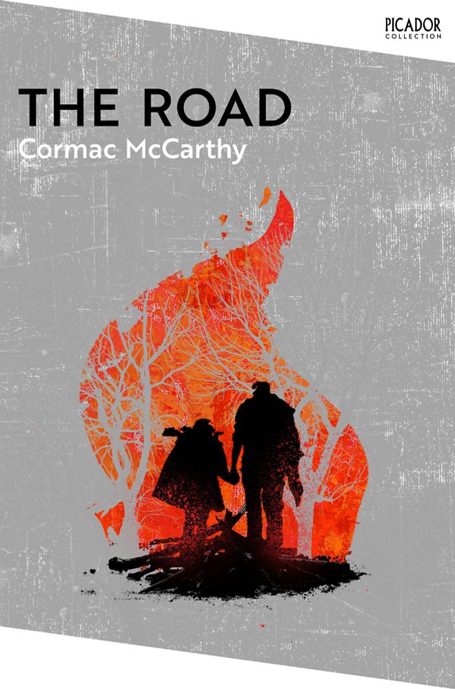 Cover of Cormac McCarthy's book The Road. Gray background, an abstract flame in the middle. Silhouette of father and son holding hands while looking at the fire. 