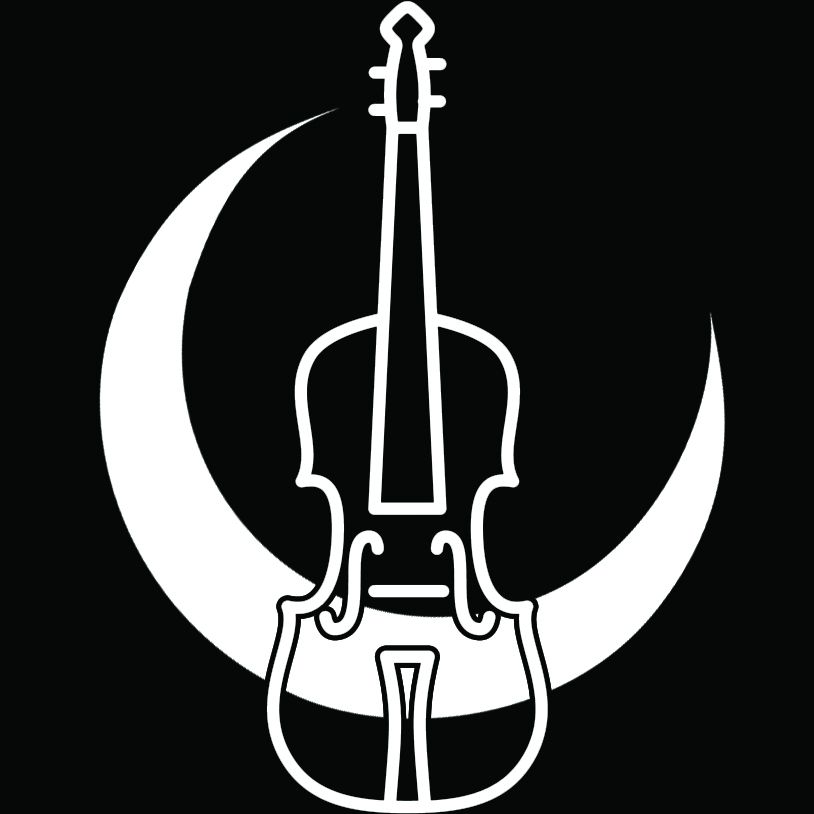 Vector art showing a simplified white outline of a violin over a white crescent moon on a black background.