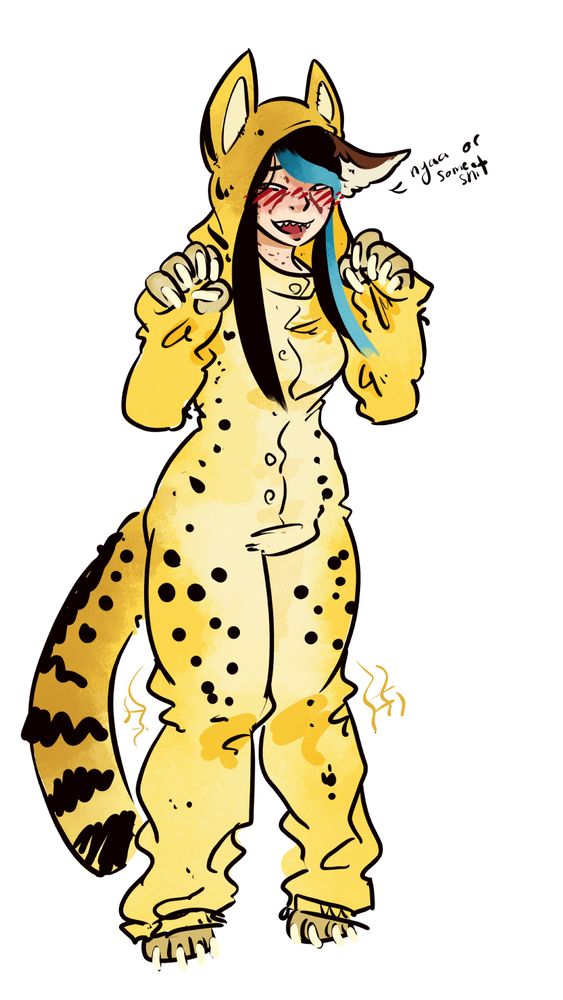 Aiko, a serval girl, in a serval kigu saying "nyaa or some shit"