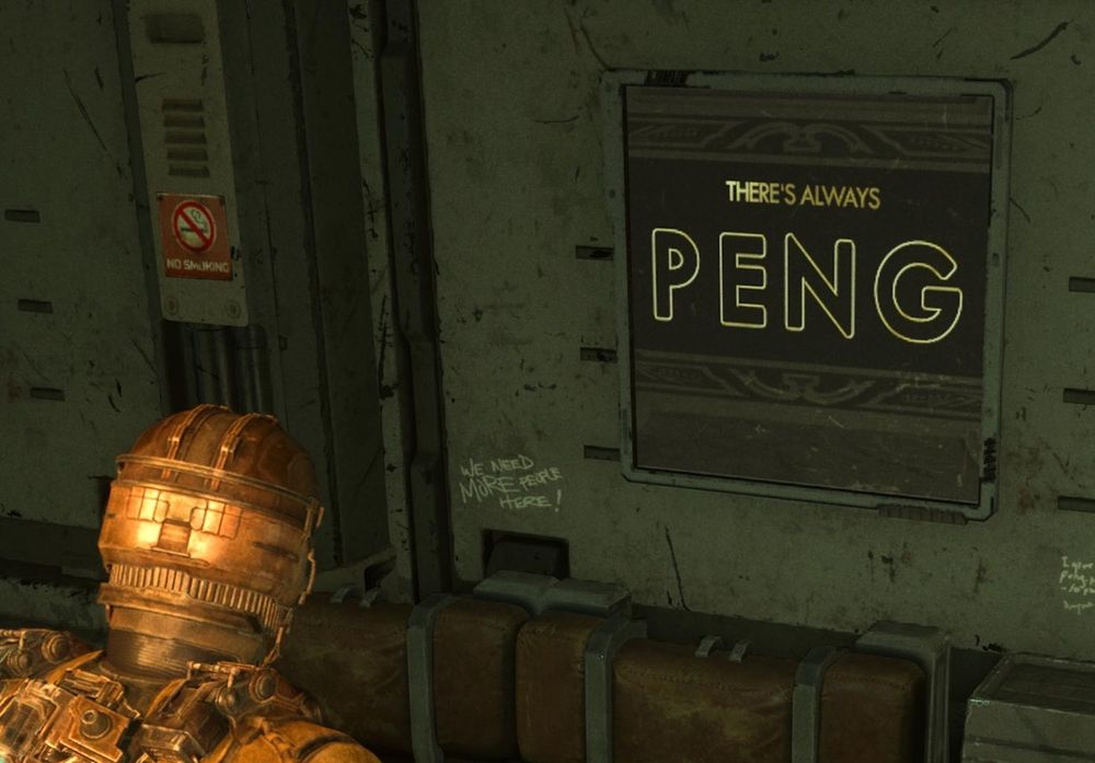 Dead space remake screenshot. Issac is looking as a sign that says there's always peng 