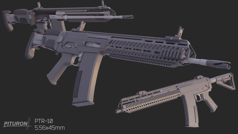 Completely made up assault rifle named PTR-10, chambered in a real 5.56x45mm cartridge 