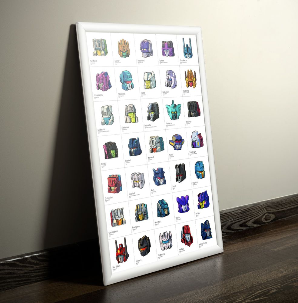 A visual mockup of my 'Botshots' (Transformers toy headshots) A3 print in a white frame leaning against a wall.