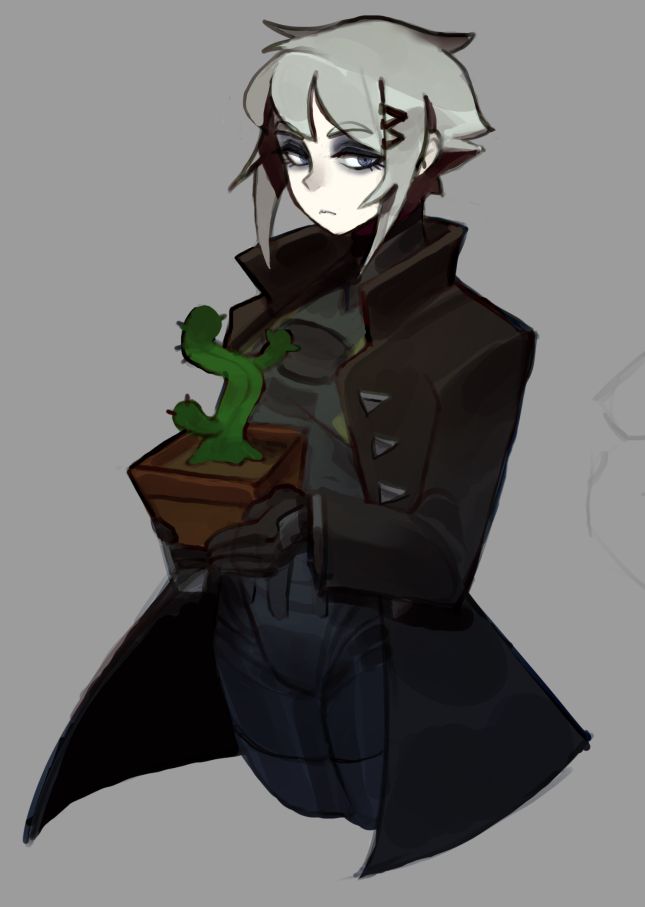 Woman in a long black coat holding a potted cactus. 