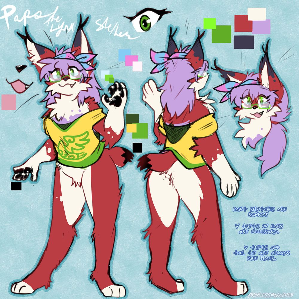 lynx girl with red, white, and lavender colors (with a yellow top!)