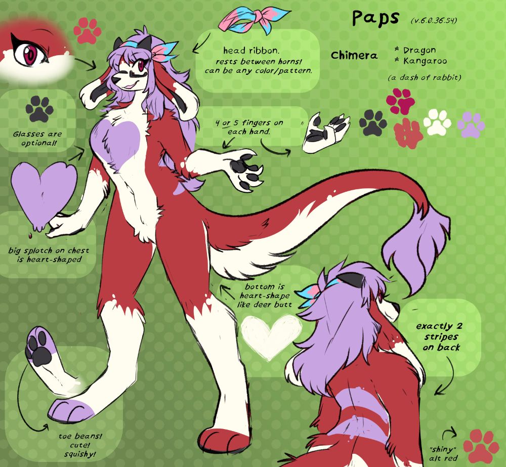 chimera anthro girl, with rabbity lop ears, a long tail with fluff at the end, and horns; also the red white and lavender colors