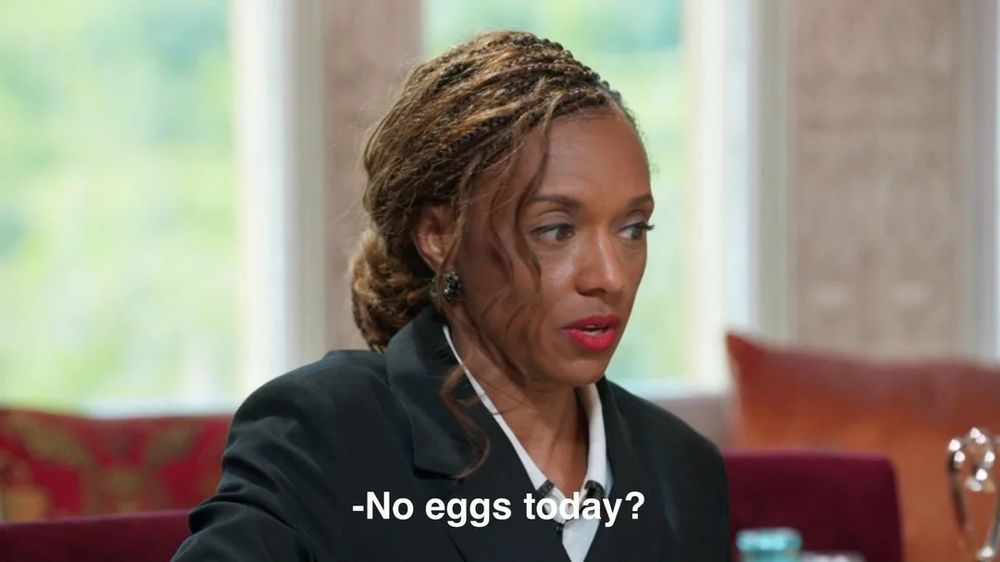 Danielle from The Traitors (US) S3 at breakfast asking, "No eggs today?"