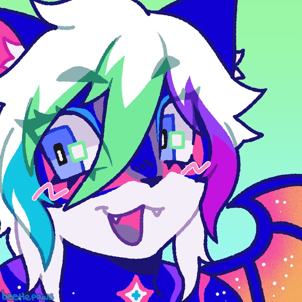 Digitally drawn icon of a brightly colored blue sparklefurry with spiky white hair, smiling.