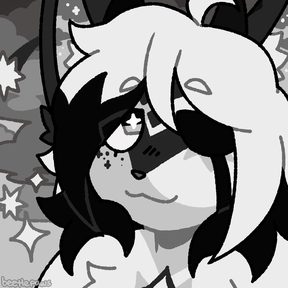 Drawn icon of a grayscale feline character with an eyepatch and two-toned hair. They are looking towards the viewer and smiling softly.