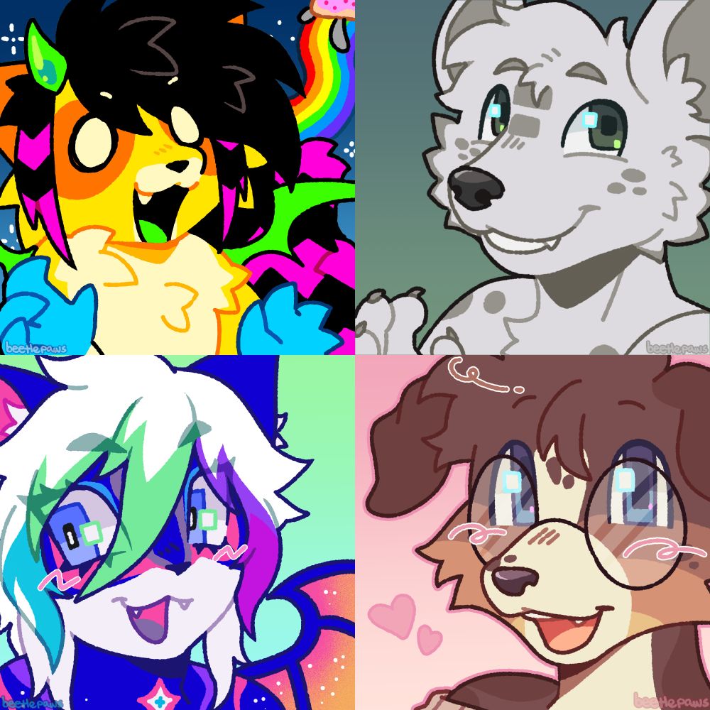 A collage of four digital icon commissions depicting furry characters.