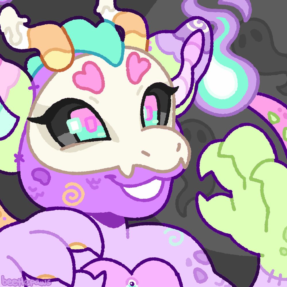 Icon of a purple and green frankenstein dragon character with skull markings and candy corn colored candle horns. They are smiling with their claws outstretched, and the fire on their tail illuminates ghosts in the gray background.