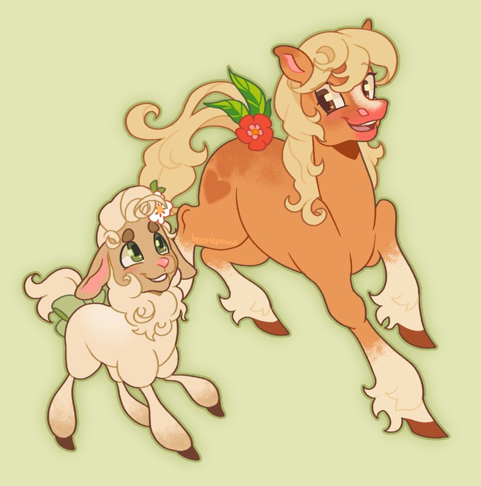 Digital drawing of a pony and a lamb frolicking together. The pony is brown with a cream mane, looking down at the lamb with a happy expression, as the lamb grins back up at her.
