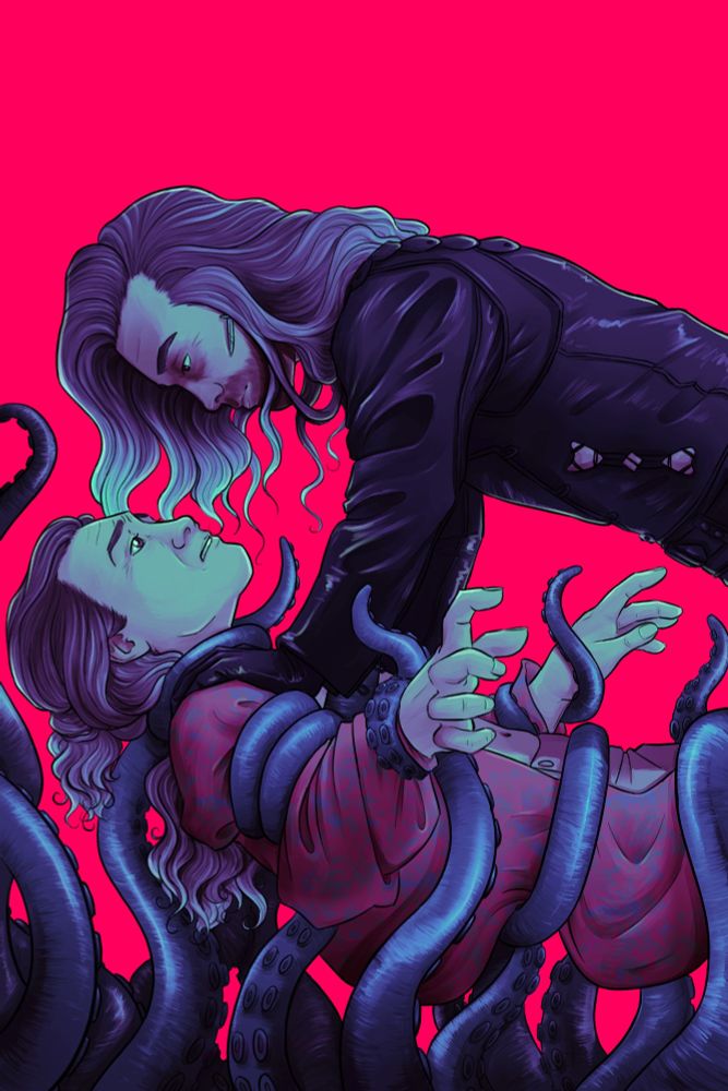 A mass of dark tentacles rise from the bottom of the image, wrapping themselves around Ed, who is wearing Stede's red floral robe. He has a desperate, defeated look on his face as he stares up at an impassive, kohl-smeared and leather-clad version of himself, two gloved hands pushing Ed down into the mass of writhing tentacles as he tries futilely to rise. 