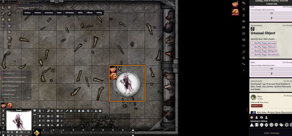 A screenshot from the tabletop role playing game Pathfinder. A rat person stands in a large dungeon hall. At the end of the hall is large shelf with several different decapitated heads of animals and humans arranged on it in a row.