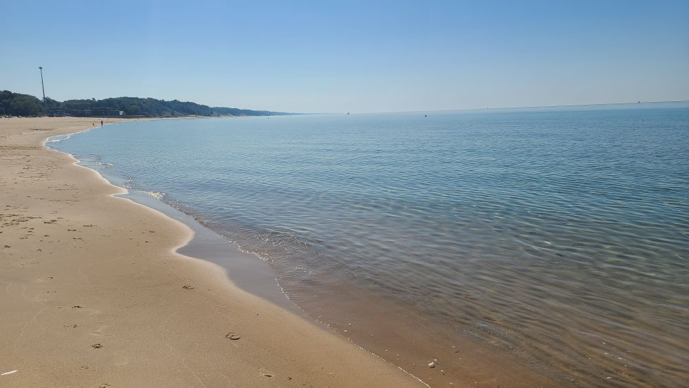 The edge of a lake on a sandy beach. 