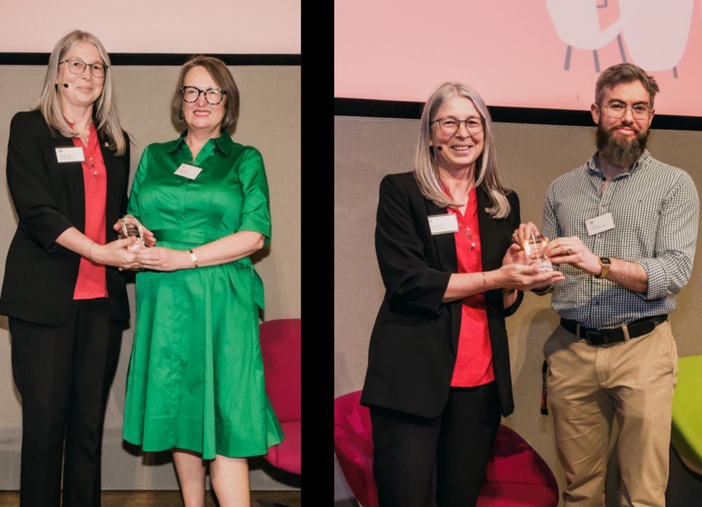Professor Vicki Goodwin (left) and Dr Toby Ellmers (right) were presented their awards by Professor Deborah Dunn-Walters.