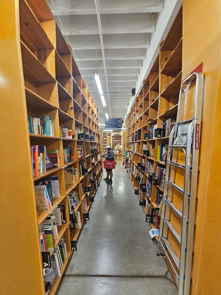 Looking down the aisle between two bookshelves taller than all humans and most elk.