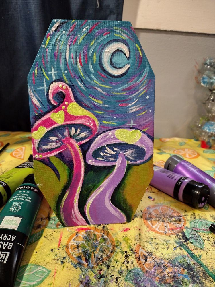 Painting of two mushrooms and night sky