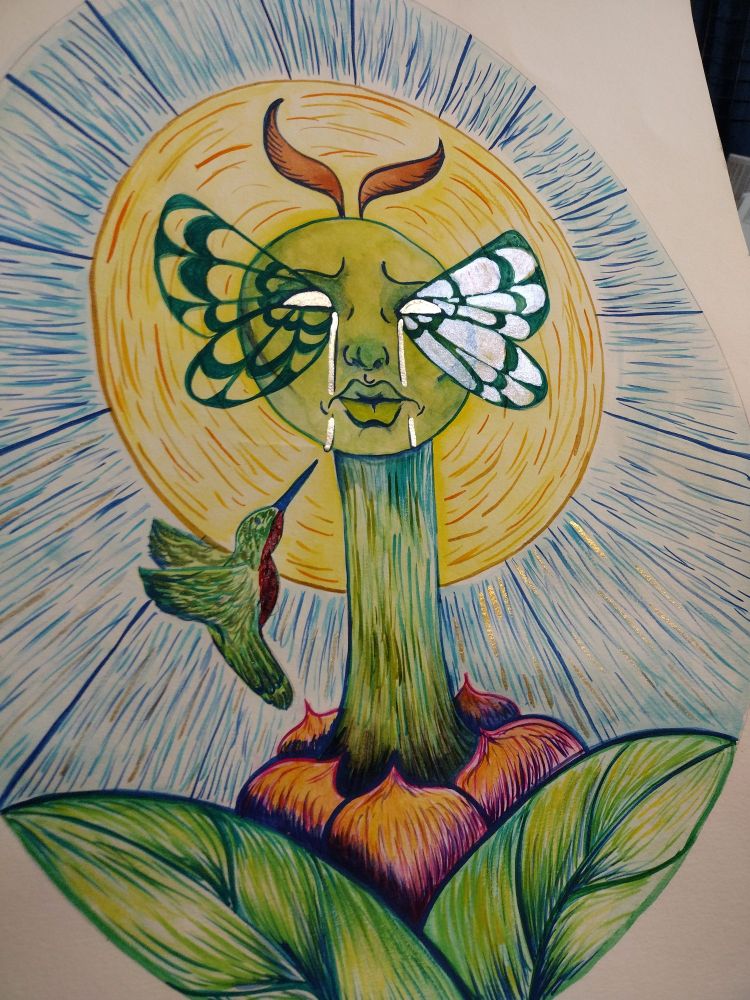Image depicting a fantasy creature (what I call a wonder), she has a long neck and round face with anntena on her head, wings of a moth for eye lashes and appears to be sprouting out of a flower. There is a hummingbird next to her and the sun behind her.