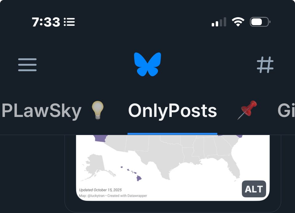 The top of my bluesky app with the words IPLawSky, OnlyPosts (highlighted) to the right, then the red pin feed to the right of that, and the beginning of another feed that starts with a G to the right of that. Scrolling all directions FTW!