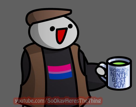 Picture of Tony from my channel: a short, bald, Korean-American man, wearing a black shirt with a bisexuality pride flag on it, a vest, and a newsboy cap. 

He has a silly, cute, cartoony face, with a big cheerful smile on it; he looks very silly and completely harmless. 

He's holding a mug that says "World's Ninth Best Guy".