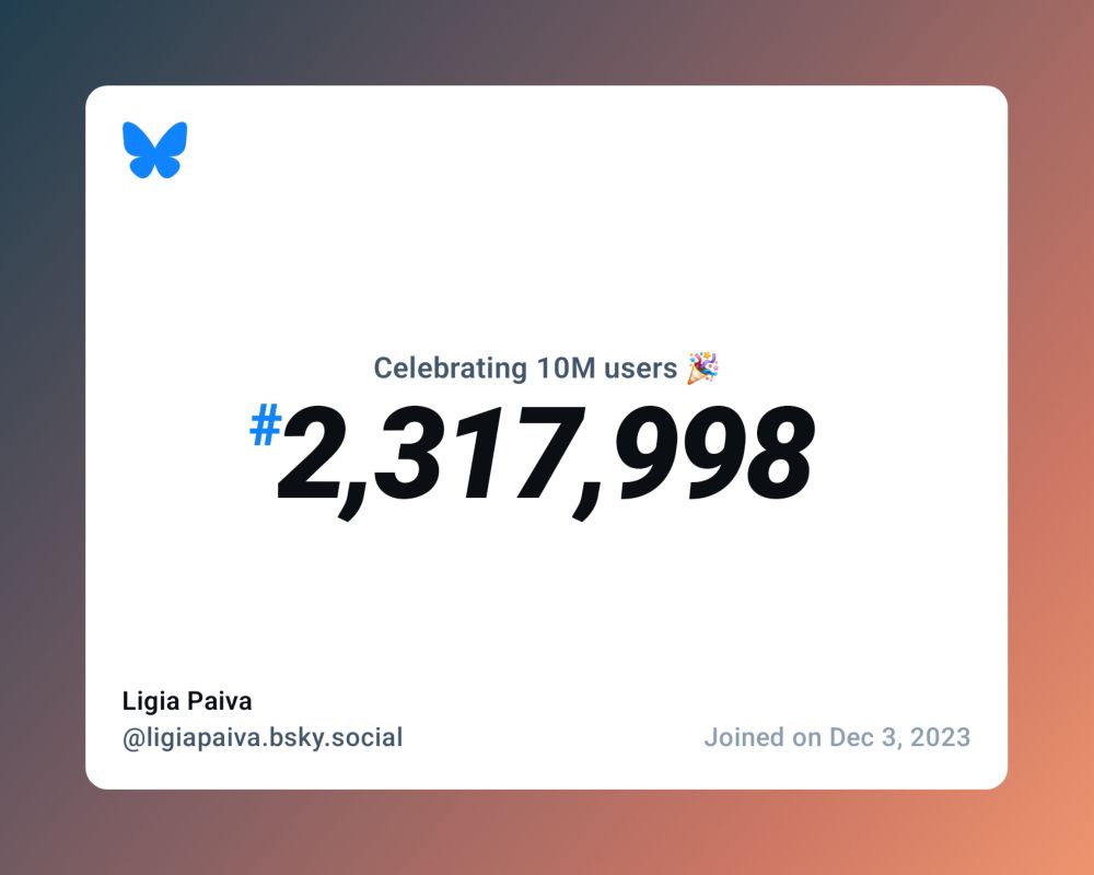 A virtual certificate with text "Celebrating 10M users on Bluesky, #2,317,998, Ligia Paiva ‪@ligiapaiva.bsky.social‬, joined on Dec 3, 2023"