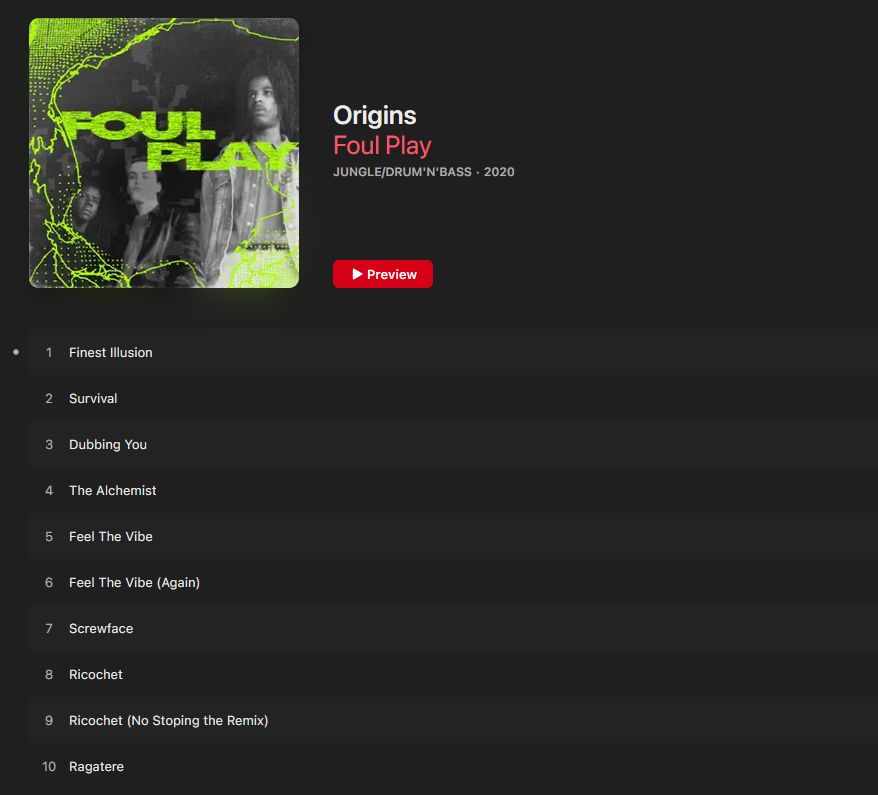 A screenshot of the Apple Music page for "Origins" showing that it also still has all 10 tracks