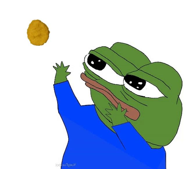 a cartoon frog with a blue shirt is reaching for a fried chicken nugget