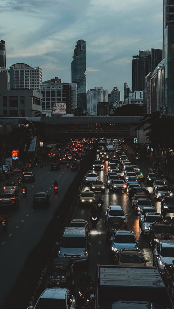 Traffic jam in Bangkok. Skyline in background 