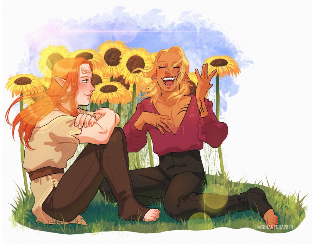 Digital colored drawing despicting my Grey Warden Ghele'daren Mahariel and his husband Zevran Arainai. They are both sitting next to a field of sunflowers. Zevran seems to be gloating about a wild story while Ghele listens smiling softly. 