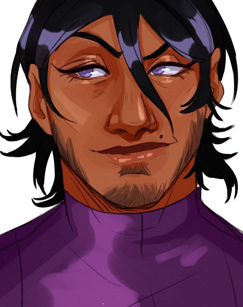 Digital colorized drawing of my rook Hugo (He/Him) by Selovant on Bsky. A tanned man with lavender eyes and jet black hair looks to the side with a cocky smile and one eyebrow raised.