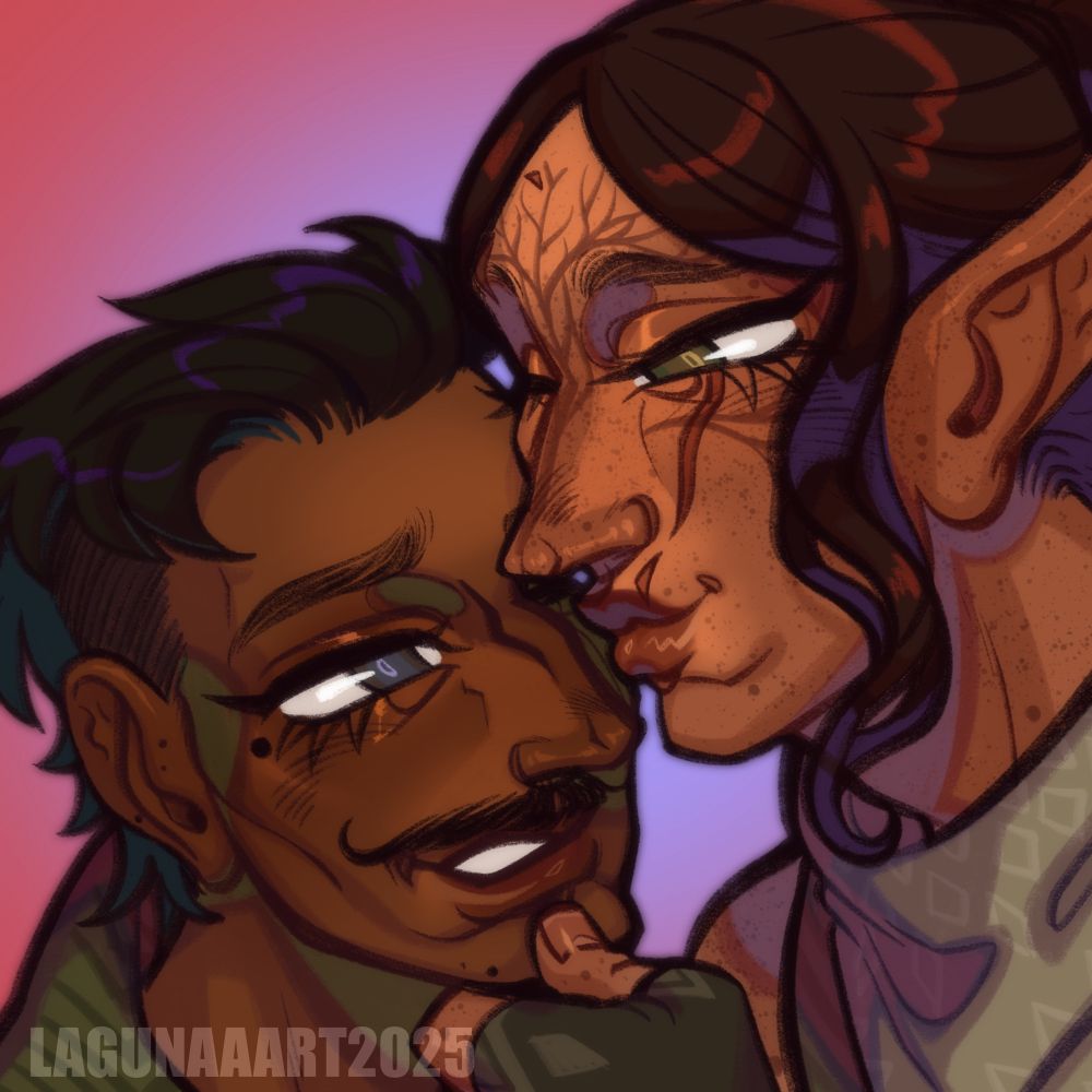 Digital colored art of my inquisitor Terrahan and Dorian Pavus. Terrahan is holding Dorian by the chin and kissing him very sweetly on the cheek almost on his left eye, looking content. Dorian looks up at him smiling tenderly. 