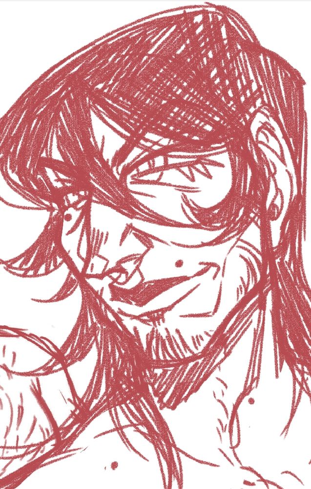 Close up of a digital sketch of my Rook Hugo Mercar. He is looking to the side smirking smugly. 