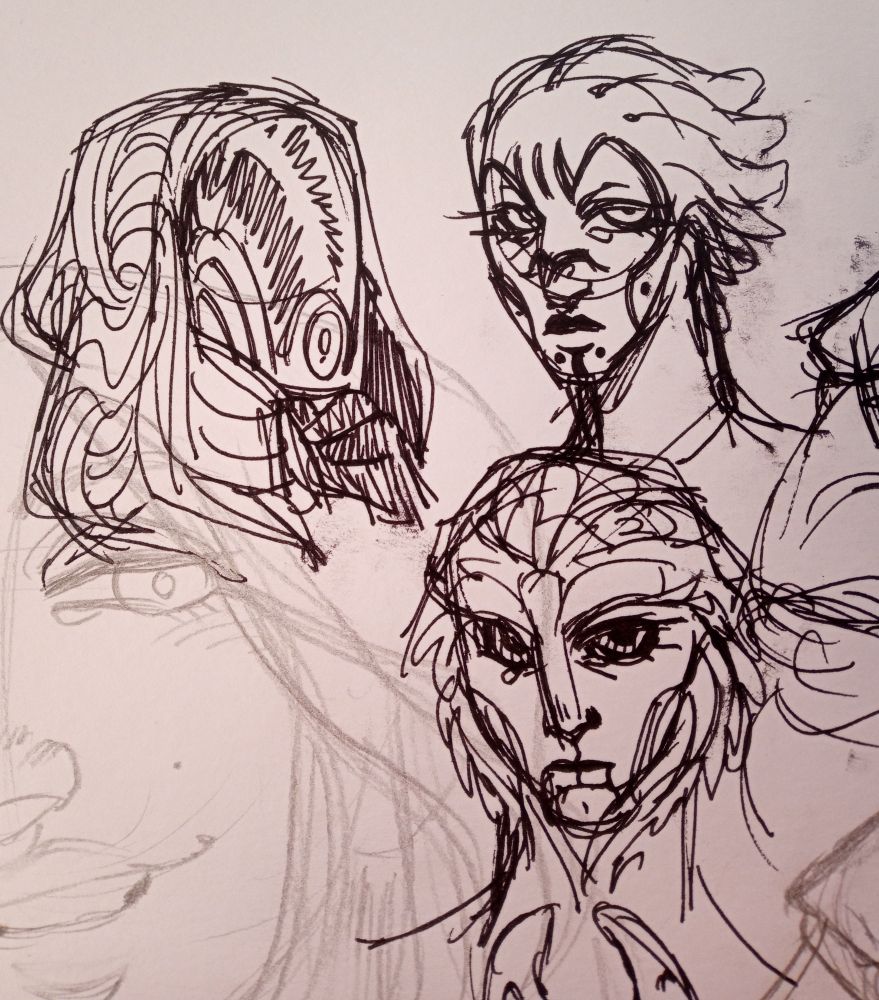 Black ink pen traditional sketches of a Quarian, an Asari and the Drell again from Mass Effect, they are made up characters.