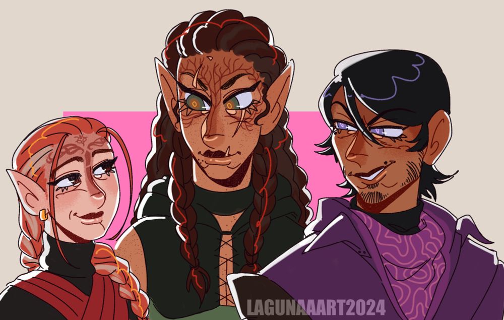 Digital colored art of my inquisitor Terrahan, my Warden Ghe'ledaren Mahariel at his right and my Rook Hugo Mercar on his left. Ghe'ledaren is a shorter elf with ginger and grey hair and fair skin. Hugo is a human with dark tan skin and raven black hair.