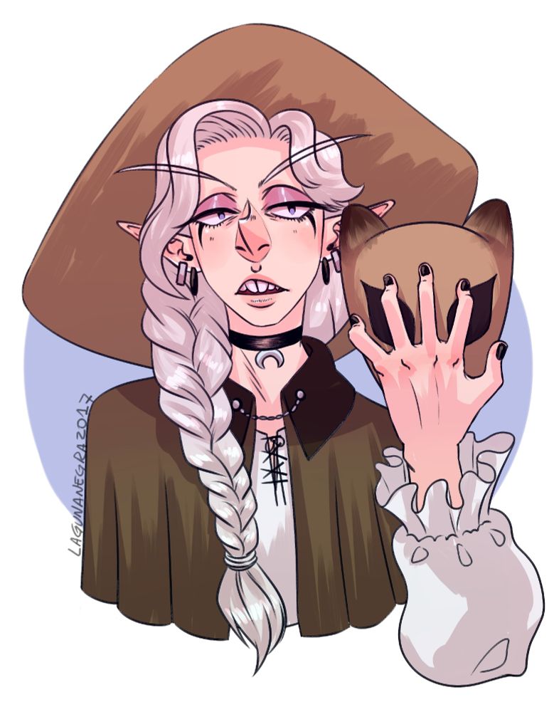 Digital drawing bust of Taako from The Adventure Zone, a male elf with fair skin, long white hair braided over a shoulder, droppy eyes, protruding eyebrows matching his hair color and has buck teeth. He is wearing lilac eyeshadow, a huge witch hat and is holding a mongoose mask next to his face with an unfazed expression. This drawing is dated from 2017.