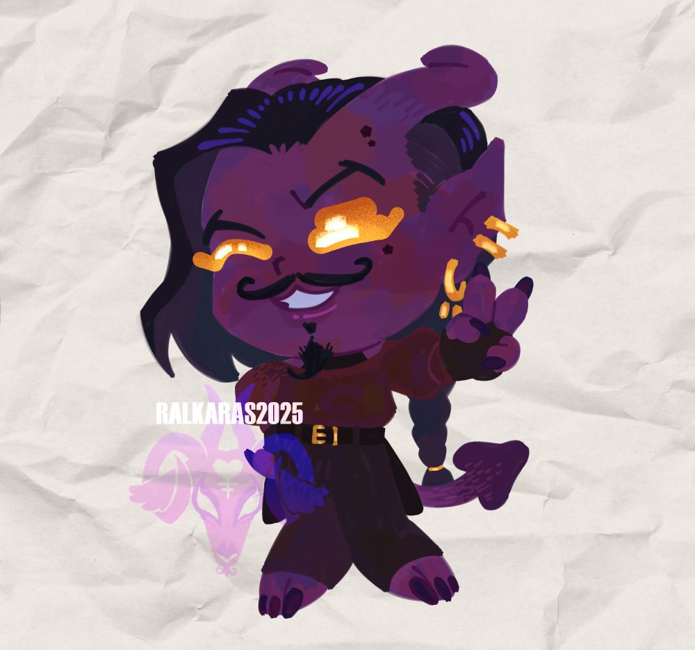 Digital colored chibi of my Pathfinder oc Sheriot Ralkaras. A purple tiefling with golden eyes and black hair in a braid, drawn in a lineless chibi style doing the peace sign and winking at the viewer.