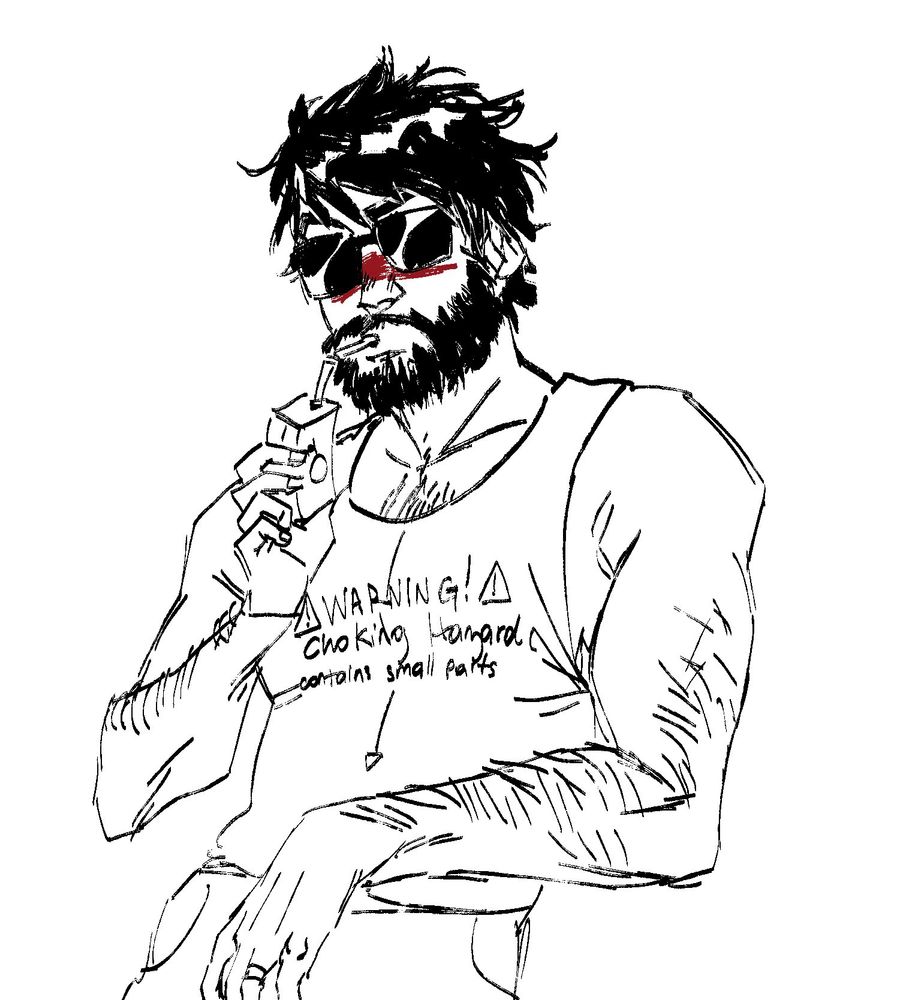 digital chicken scratch sketch of garrett hawke with a tank top that says "warning! choking hazard. Contains small parts" with an arrow pointing down to his crotch. He is wearing sunglasses and drinking from an orange juice box leaning on his elbow