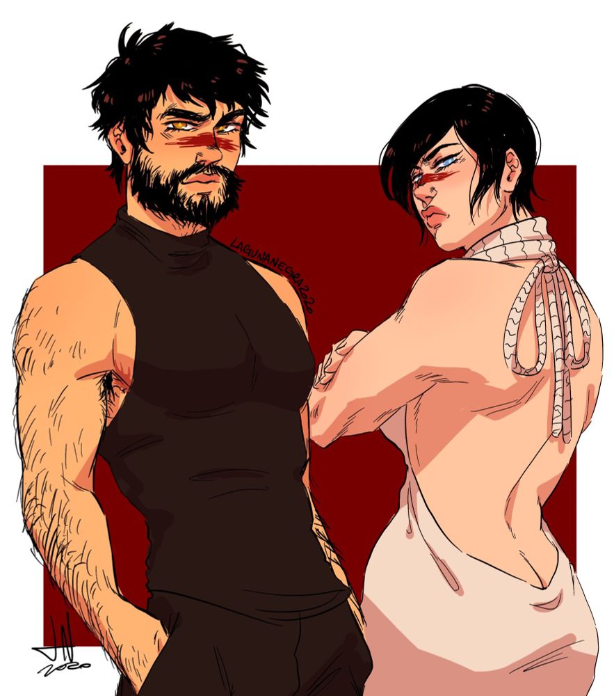digital colored drawing of garrett and marian hawke. Garrett is wearing a sleveless black turtleneck with sweatpants and has his hands in his pockets, he has very subtle top surgery scars showing at the side. marian is giving her back to the viewer, wearing a white backless and sleeveless sweater dress. its signed 2020