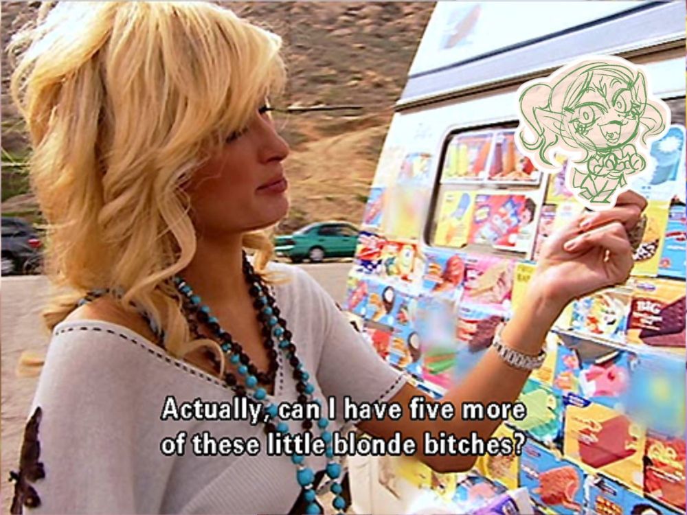 Paris Hilton meme "actually, can I have five more of these little blonde bitches?" But she is holding a tiny little chibi from the first picture 
