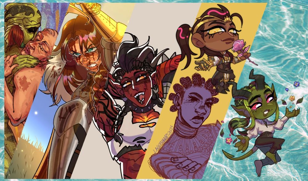 Graphic with several digital art pieces cropped to fit together, ranging from a wide variety of my art styles.