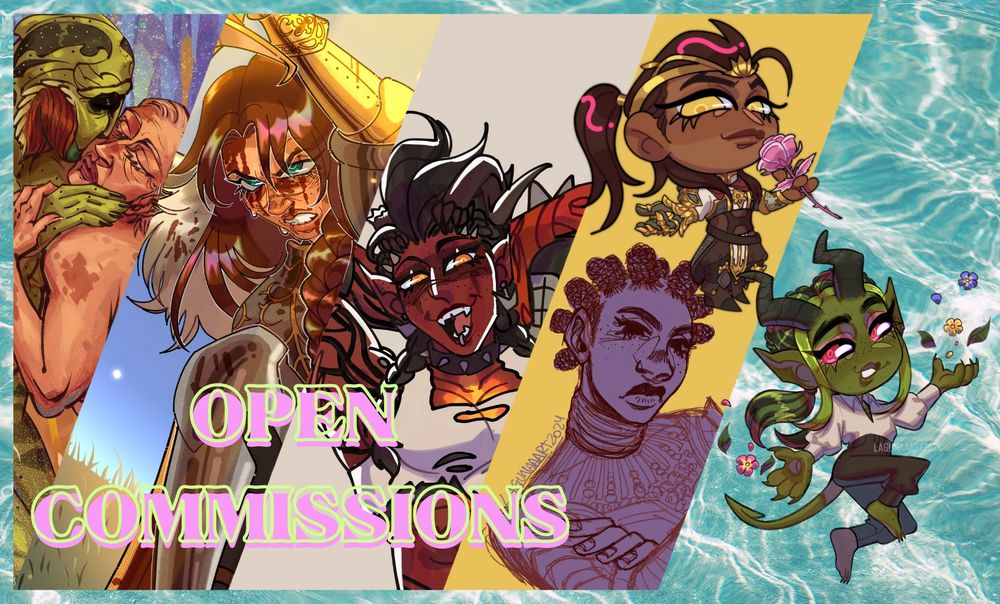 Graphic depicting several digital drawings cropped to fit all together, ranging from oil like painting, to chibis. A text is overlapped on it that reads "Open commissions".