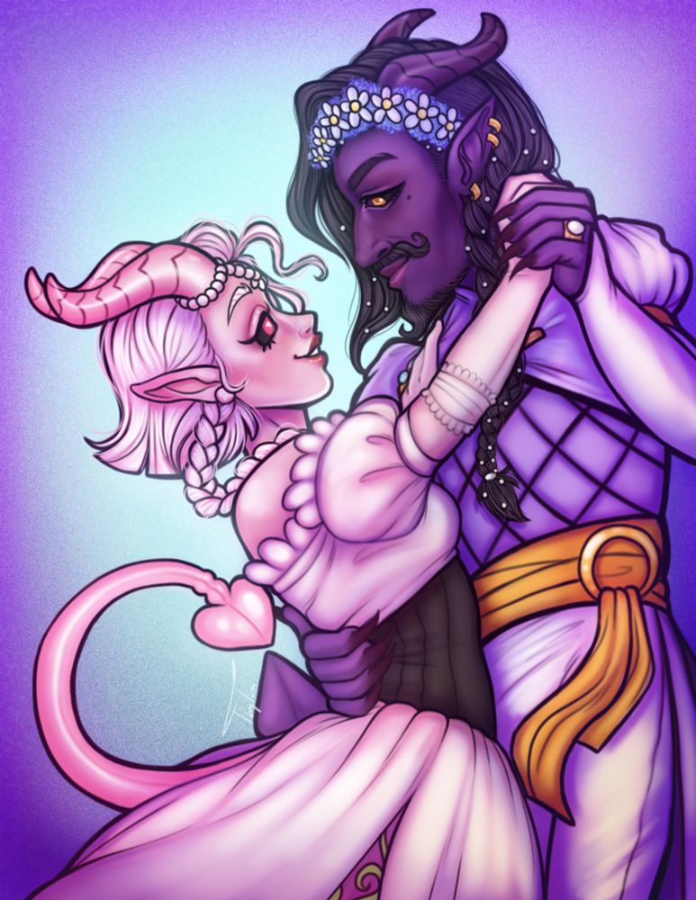 Digital colorized drawing of Galathea and Sheriot by TheTinyTaco on Bsky. Both are dressed up in their wedding gowns, holding each other close while dancing a ballad. Gala looks happily at Sheriot, and he's smiling softly at her.