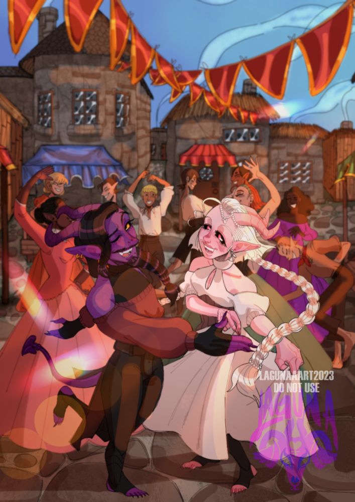 Digital art of two tieflings dancing at a town market with townfolks around them. On the right Galathea and on the left Sheriot.