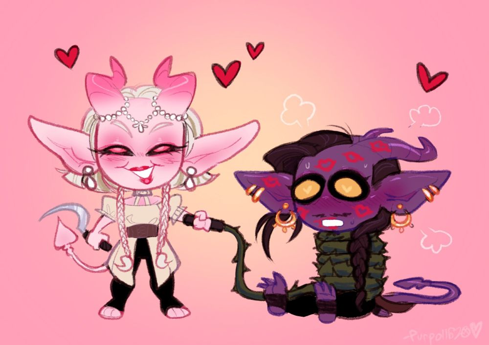 Digital colorized chibi drawings of my dnd ocs Galathea (she/her) and Sheriot (He/him) by Purpoll on Twitter. Gala, a pink tiefling has a purple tiefling named Sheriot grapled. Gala looks mischievous while Sheriot is flustered on the floor.