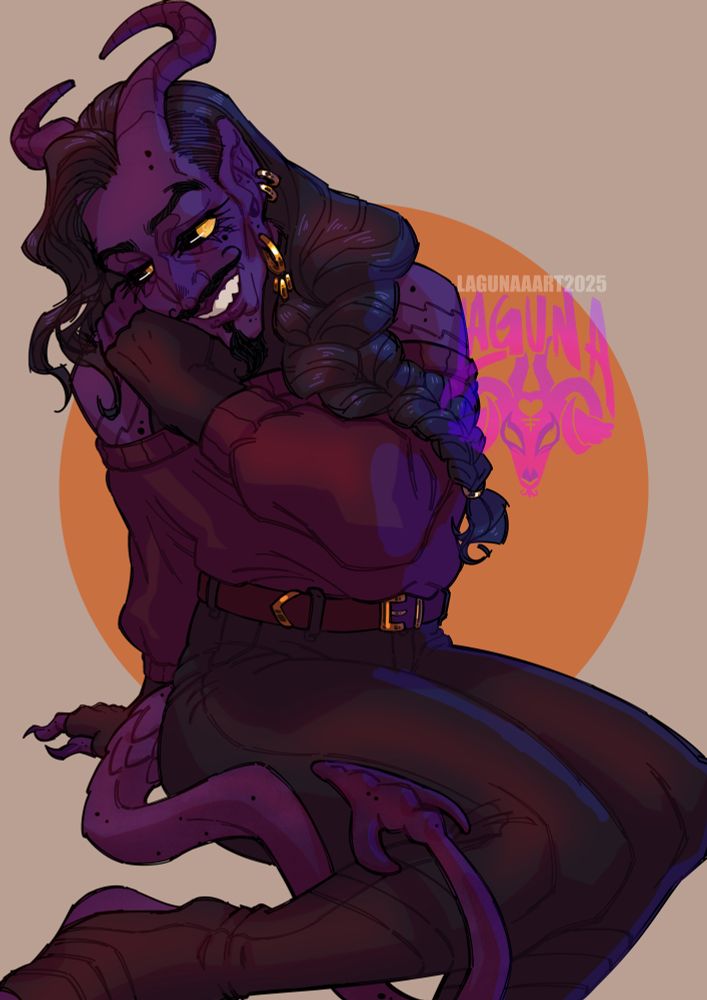 Digital colorized drawing of my oc Sheriot Ralkaras, he is a purple tiefling with raven black hair braided on his shoulder, a very well groomed mustache and golden jewelry. He is sitting slightly leaning back on his hand, and his other arm resting on that shoulder, he smiles softly to the side.