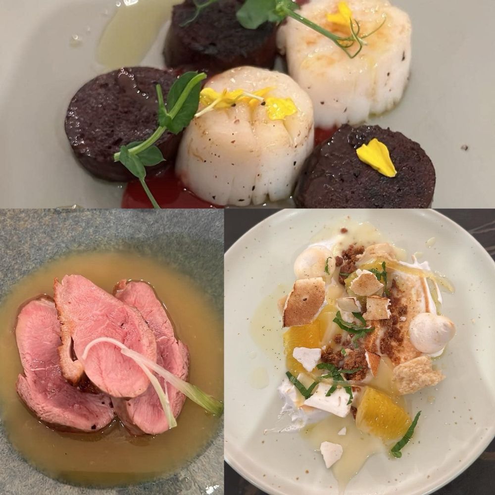 Top: Stuffed scallops & black pudding with a beetroot and raspberry vinaigrette. Left: Grilled duck breast with a citrus/ginger sauce. Right: Lemon Meringue with a lot of tasty stuff