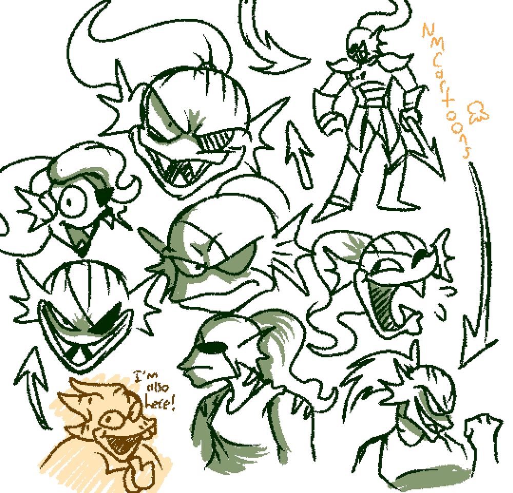 Various sketches of Undyne from hit indie game Undertale. In the bottom left corner is a sketch of alphys giving a thumbs up and saying "I'm also here!"